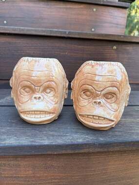 BarConic Tiki Monkey Head Ceramic Mug Pair TWO - 16 oz each
